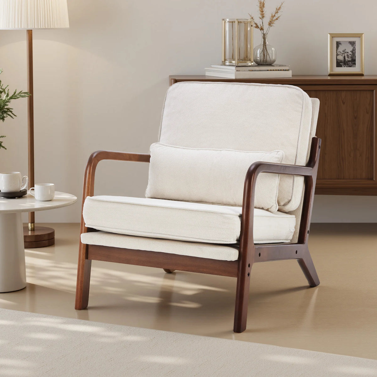 JHK Mid Century Modern Wooden Accent Chair With Lumbar Cushion