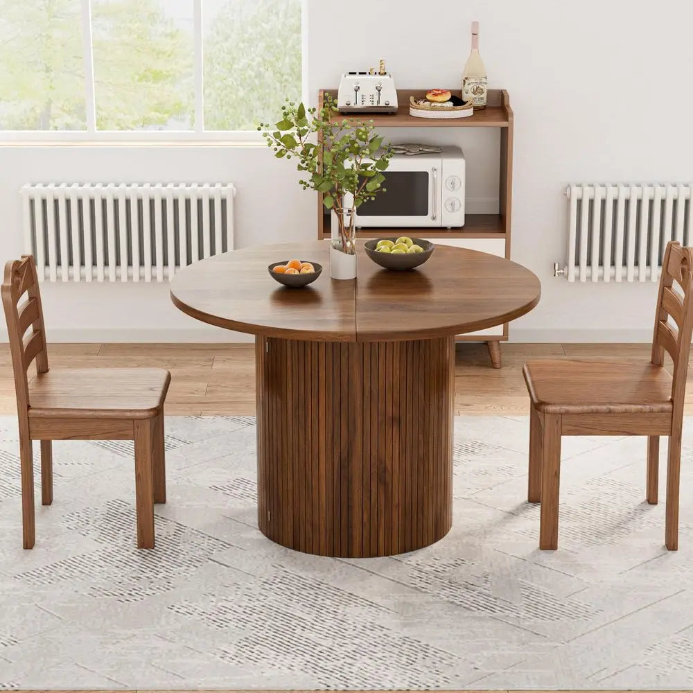 Inch Long Round Extendable Dining Table for 410, Space Saving Oval Large Dinner Kitchen Table with 3 Leaf, 2 Storage, Fluted Mi