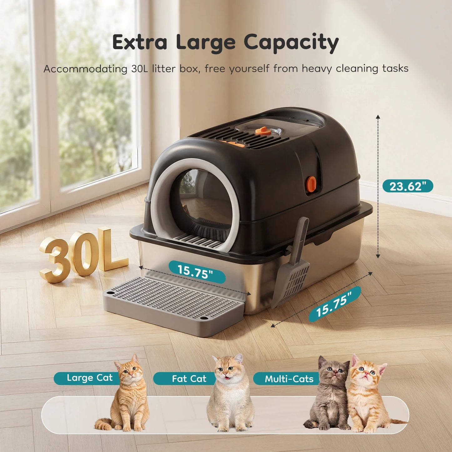 Stainless Steel Fully Enclosed Cat Litter Box With Safe Entry