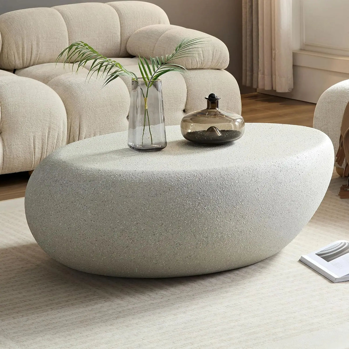 36" Oval Coffee Table, Modern Faux Stone Circle Center Table Accent Travertine Tea Table for Living Room, Magnesium, Customized