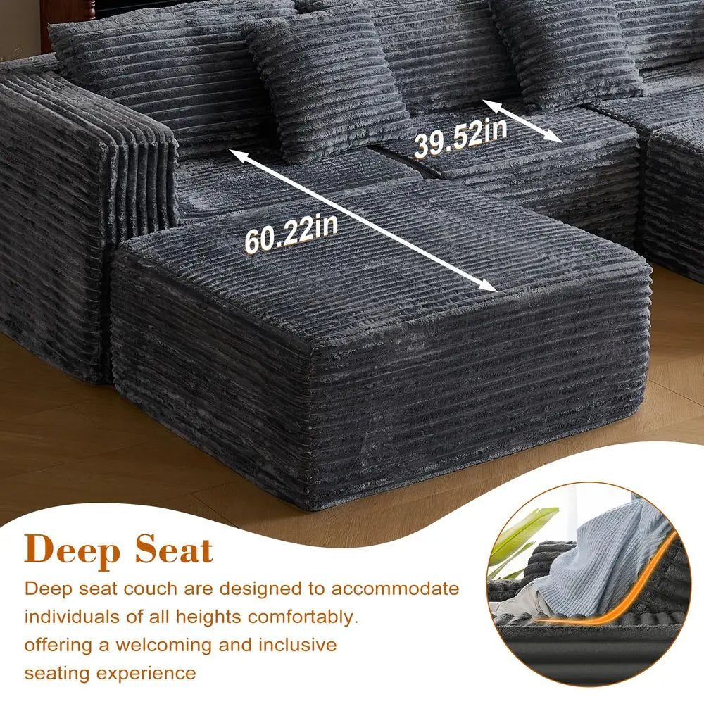 Corduroy Modular Sectional Sofa With Two Ottomans And Deep Seats