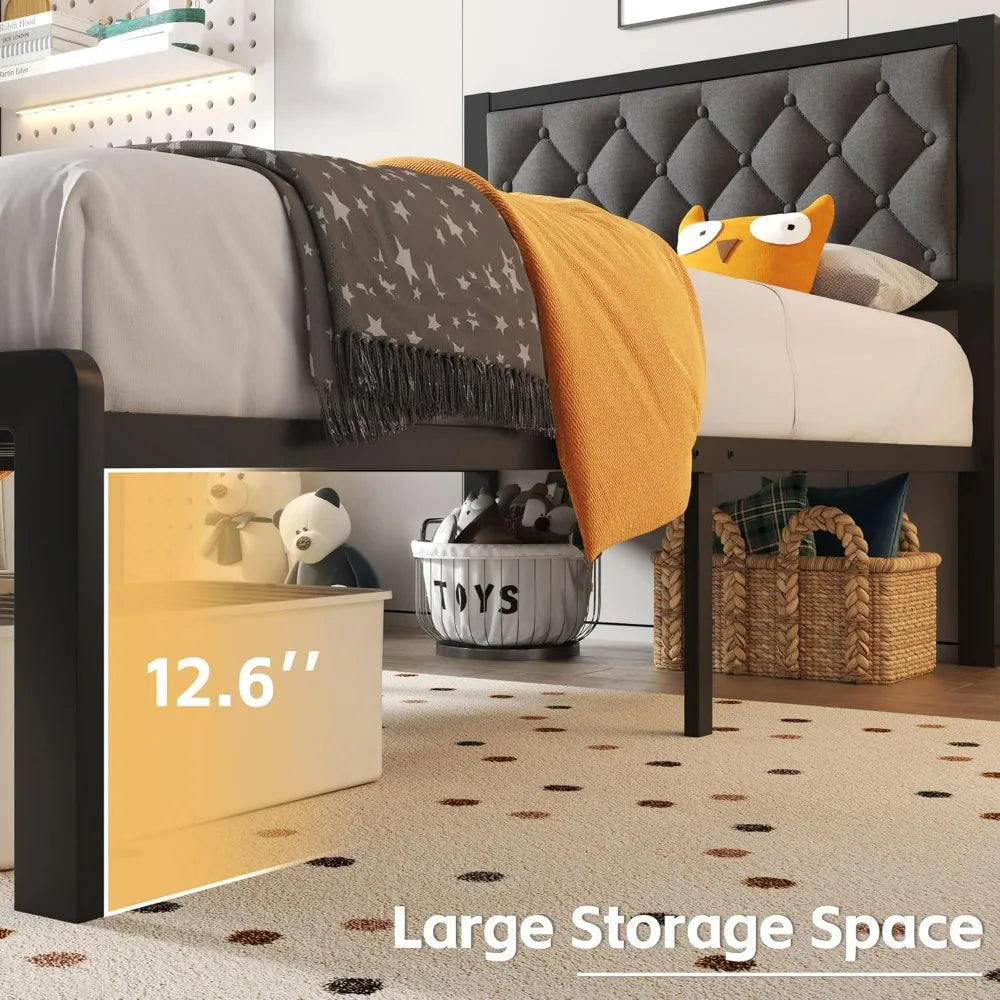 Fluest Linen Upholstered Twin Bed Frame With Headboard And Storage