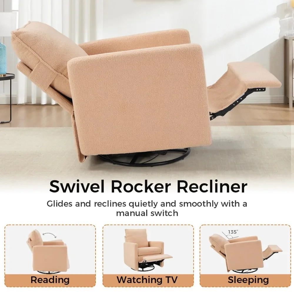 Teddy Swivel Rocker Recliner, Upholstered Nursery Glider with 2 Removable Pillows for Living Room, Custom