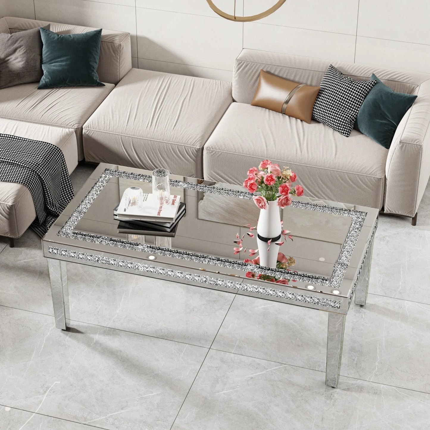 Modern Rectangular Mirrored Coffee Table With Crystal Diamond Inlay Accent