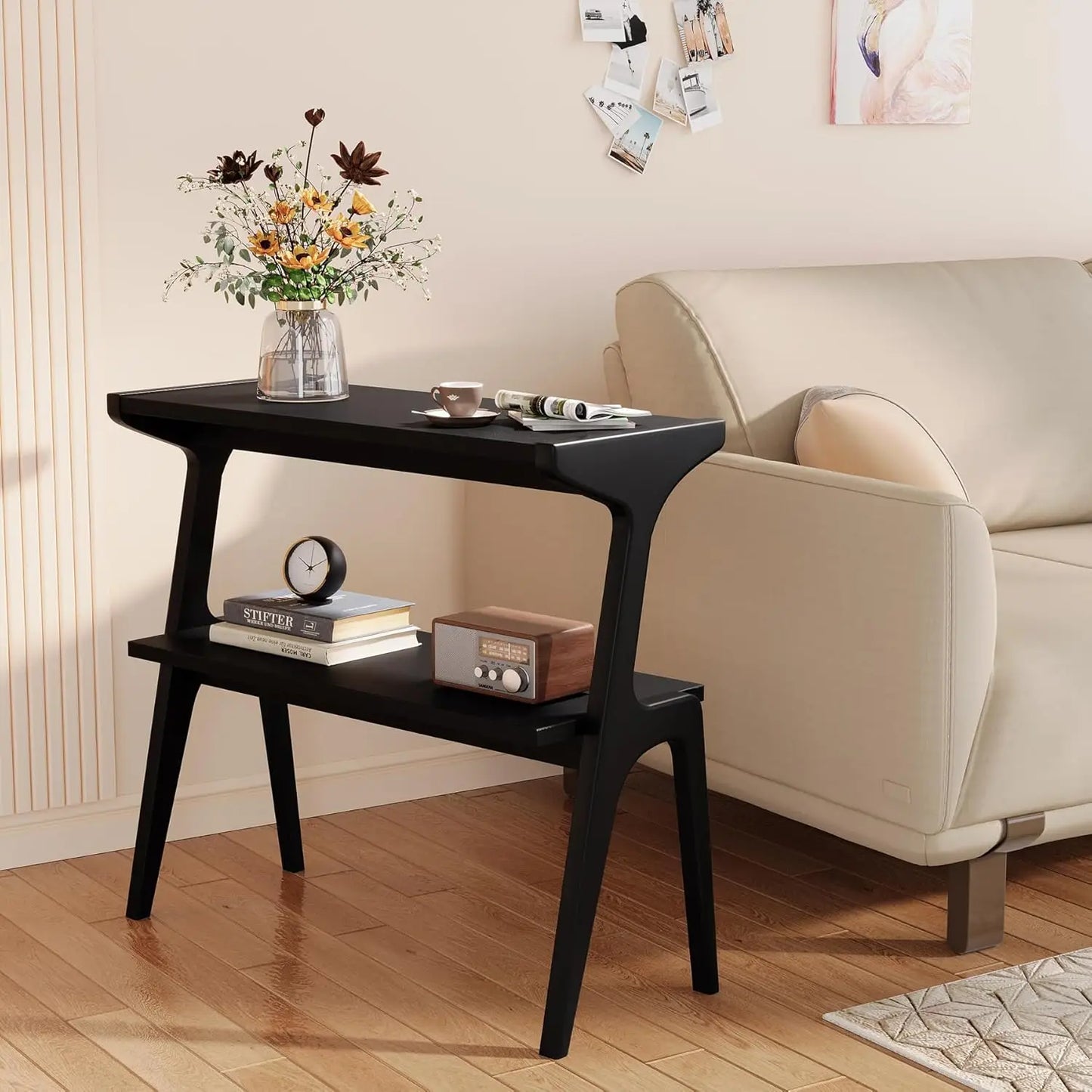 Solid Wood 2-Tier End Table with Storage Shelf, Slim Accent Bedside Sofa Side Table for Living Room Bedroom Small Space, Customi