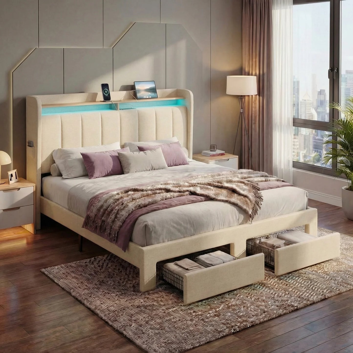HOOMIC Platform Bed Frame With Storage Drawers And LED Lights