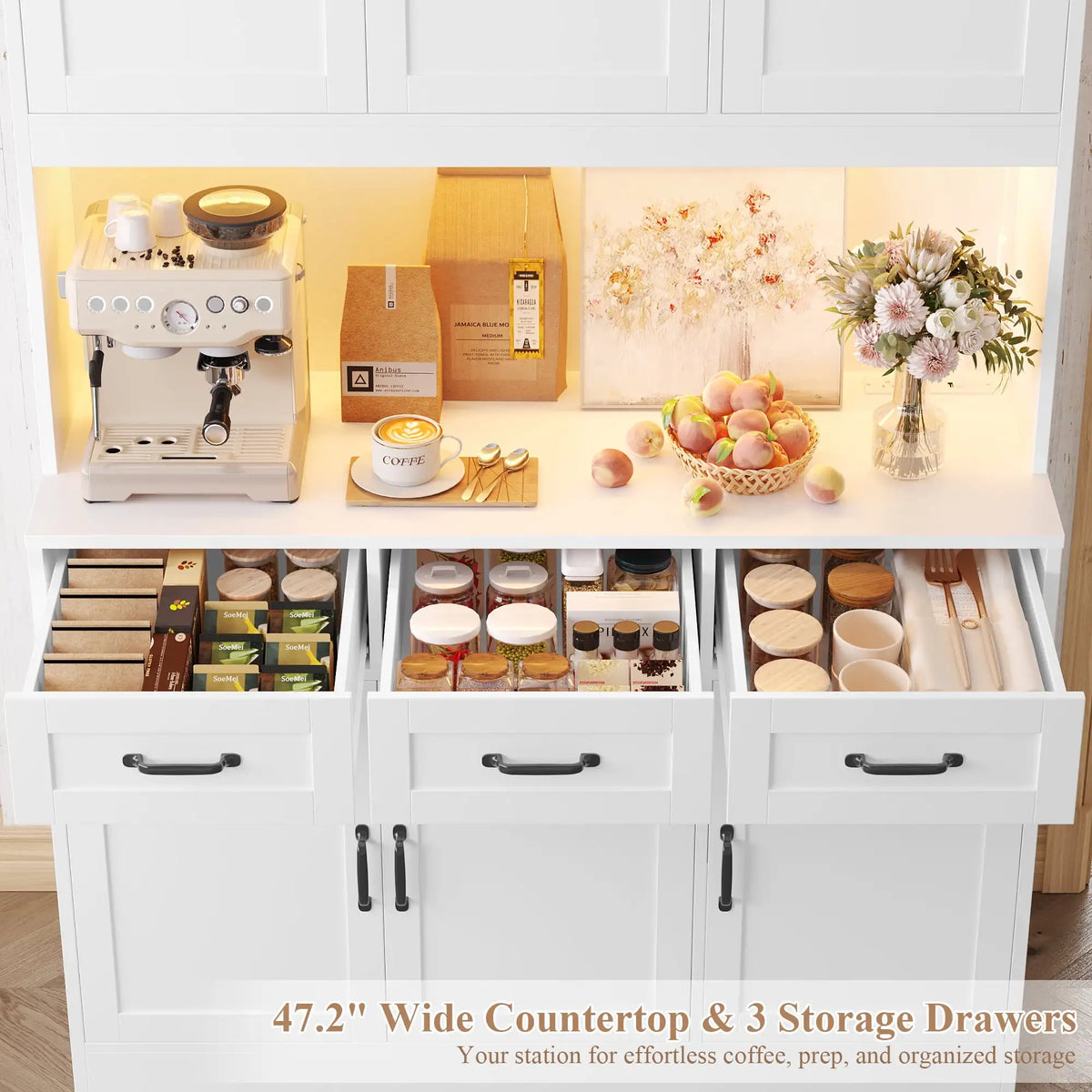 72" Tall Kitchen Pantry Storage Cabinet with RGB LED, Hutch Cabinet with Charging Station and Adjustable Shelves for Dining Room, White