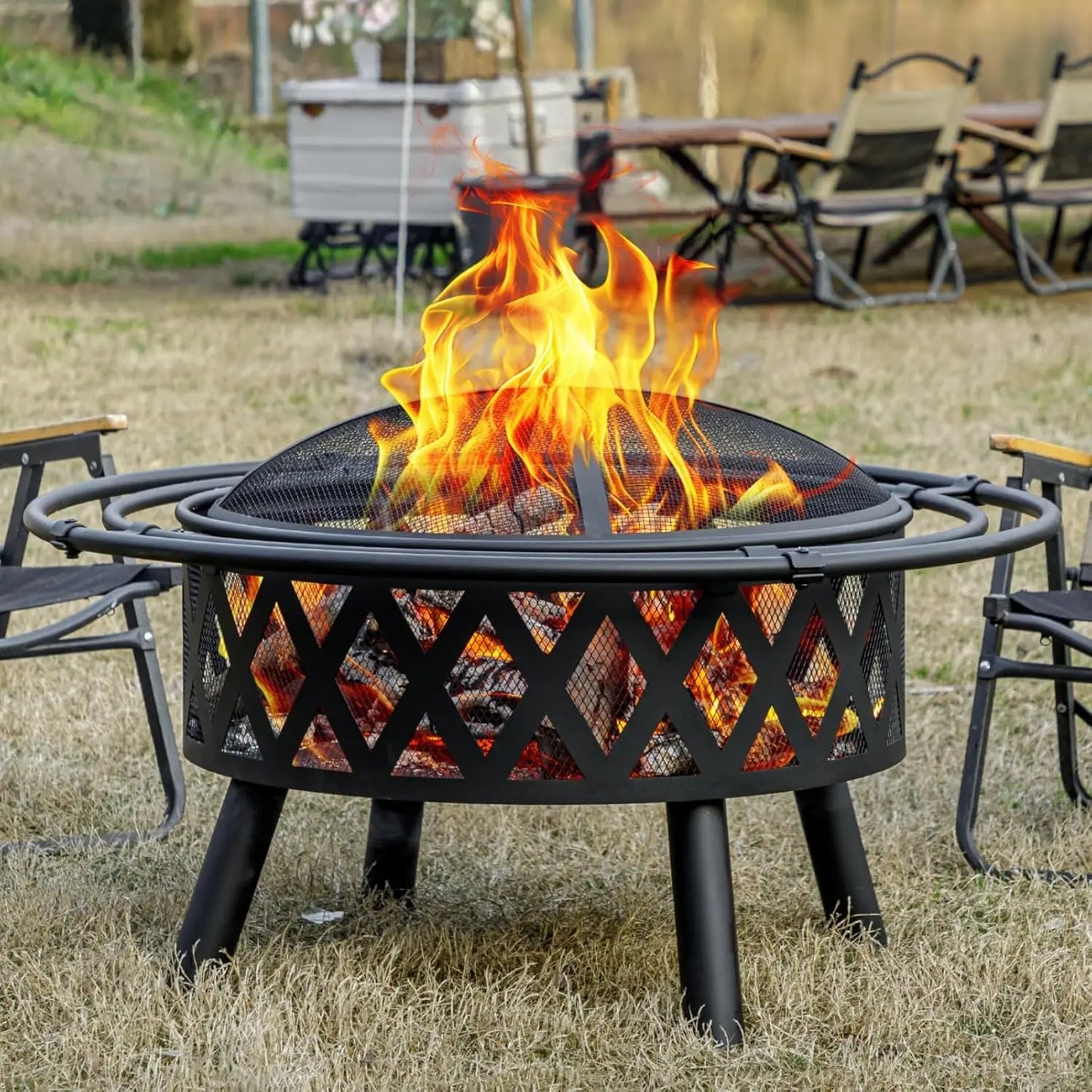 Wood Burning Fire Pit Round With Spark Screen And Poker