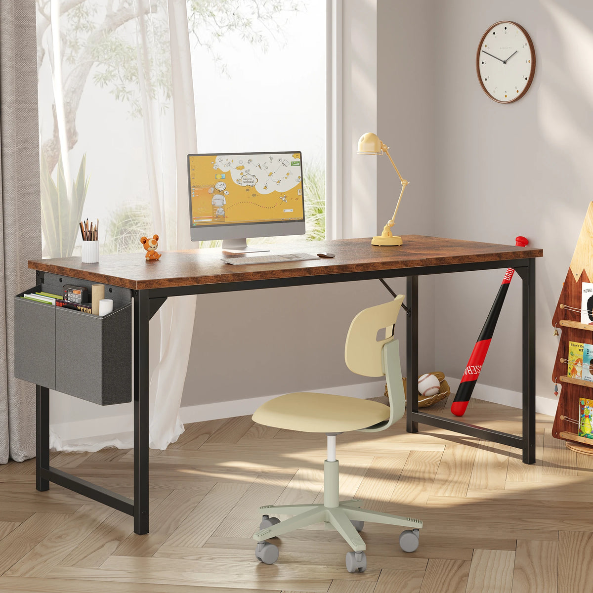 JHK Wooden Computer Desk With Metal Frame And Storage Bag