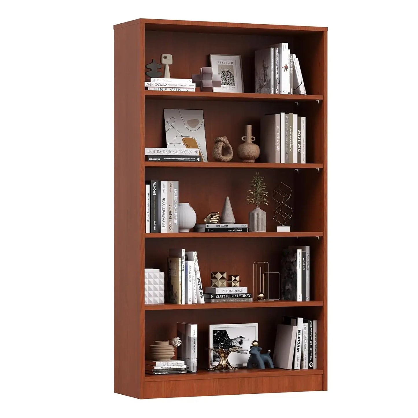 Engineered Wood Five Shelf Bookcase Featuring Adjustable Storage Organizer