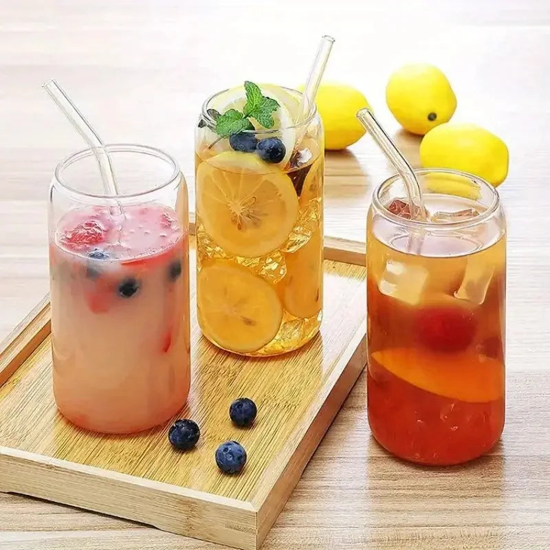 Six Piece Glass Drinking Set With Bamboo Lids And Straws