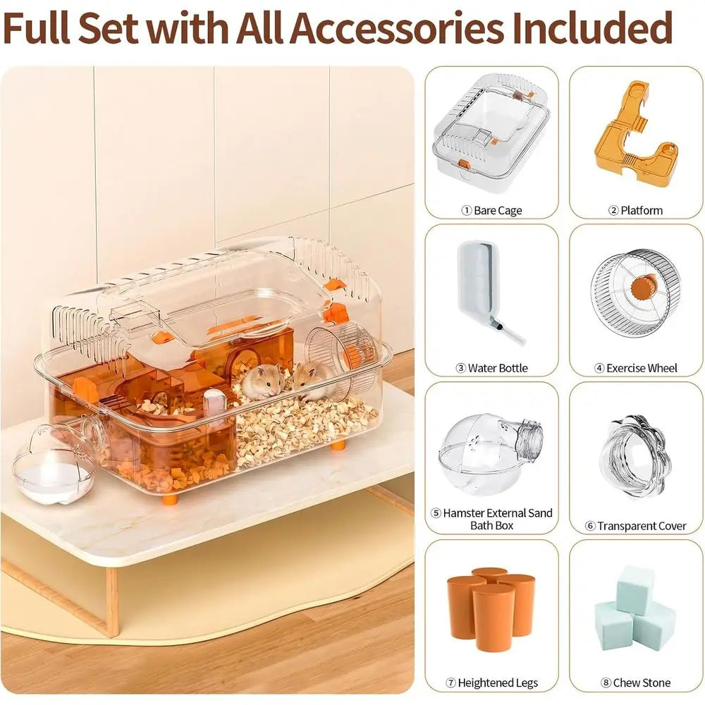 Compact 14.17x10.24x10.24 Hamster Cage with External Bath | Transparent PET Enclosure for Mice, Gerbils, Small Pets