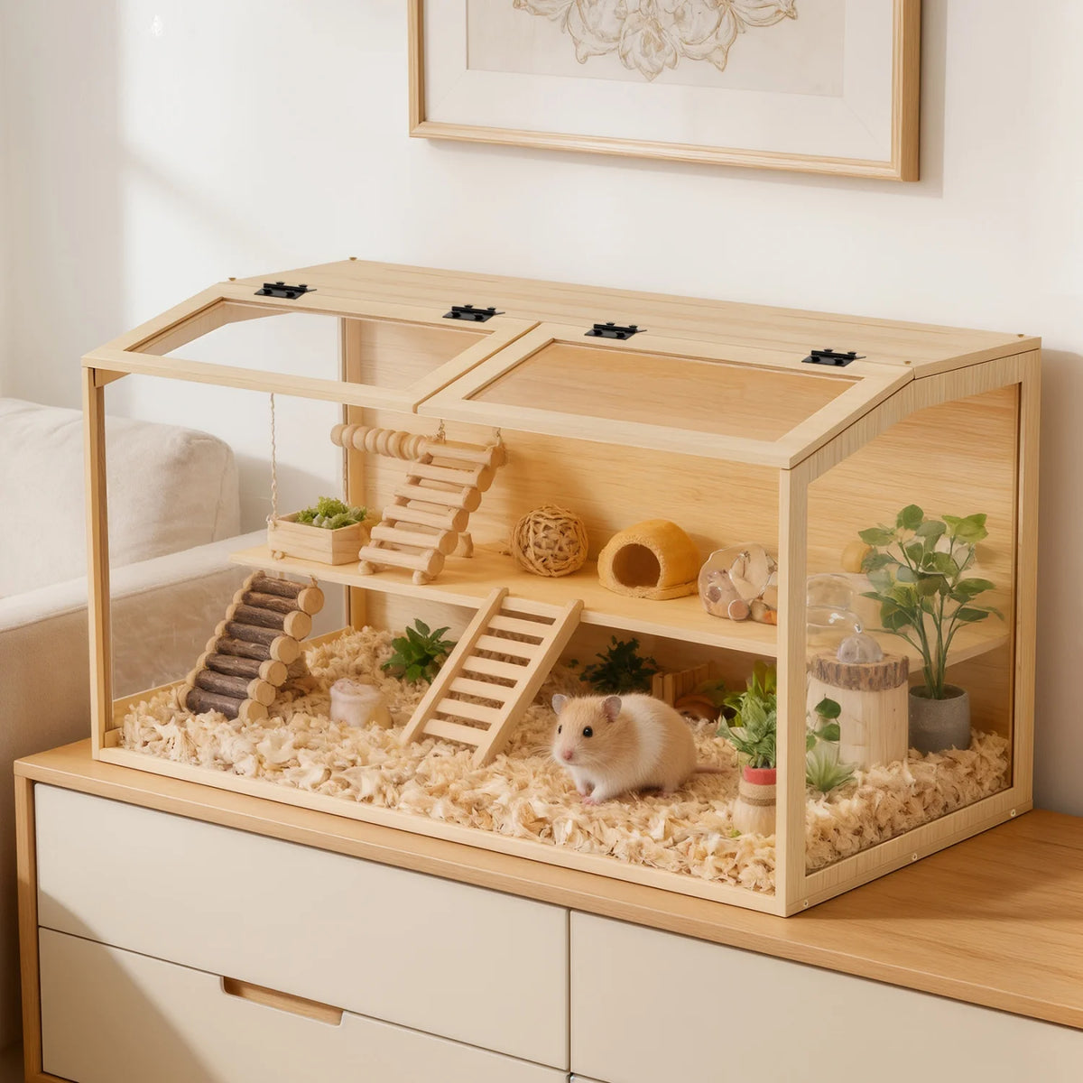 Natural Wooden Hamster Cage Habitat Dual Access Door Built-in Light Animal Cabinet Tabletop Hamsters Habitat for Small Pets
