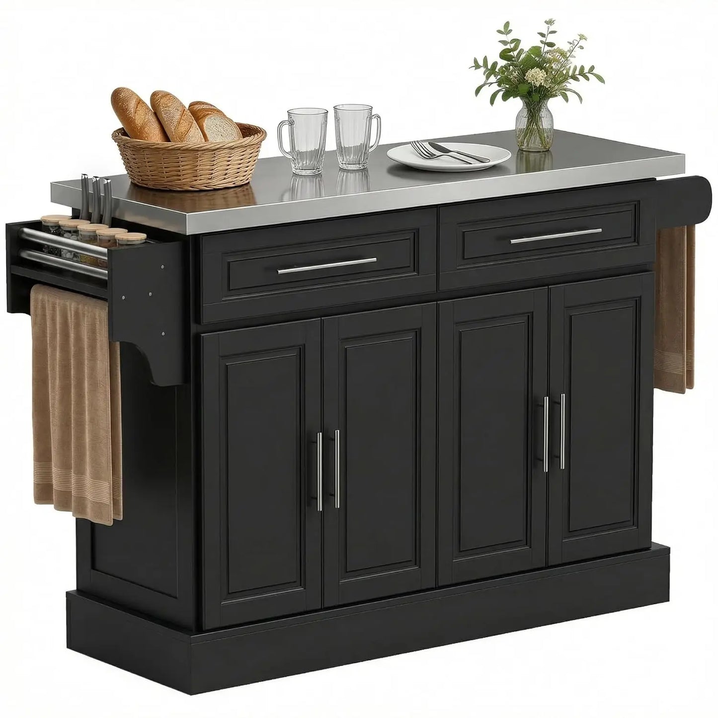 Rolling Kitchen Island Cart 47" Stainless Steel Top, Portable Table with Wheels Adjustable Shelves 2 Drawers Spice Knife Towel R