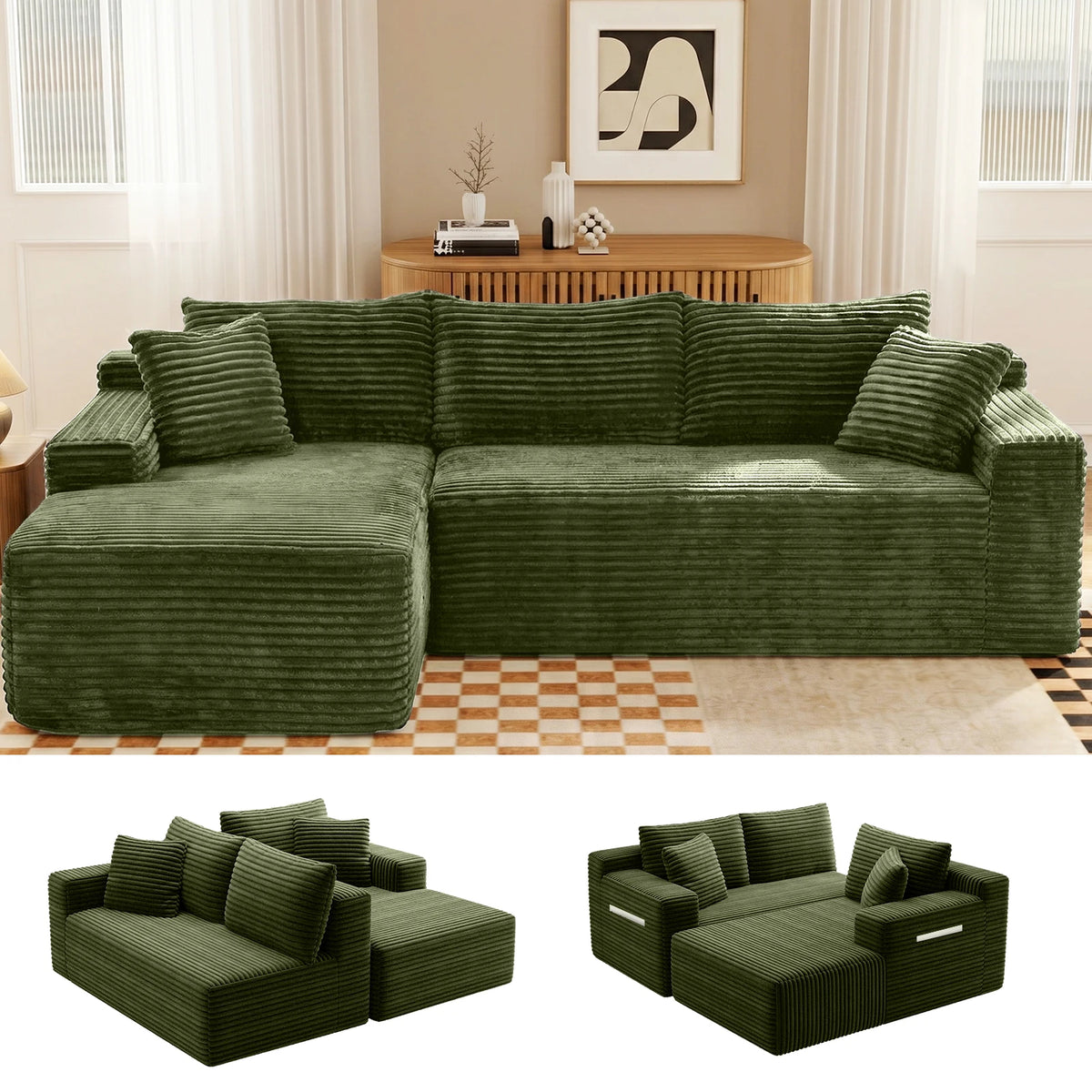 Corduroy Modular Sectional Sofa With Chaise For Living Room Furniture