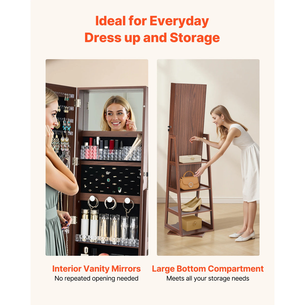 SucceBuy 360° Swivel Jewelry Cabinet 61/63" Tall Full-Length Mirror Lockable Rotatable Armoire Organizer Shelves Pouches 2 Keys