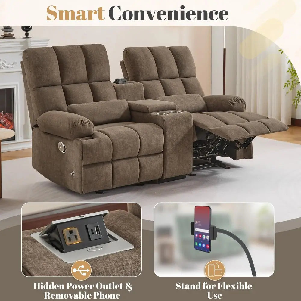 Rocking Reclining Loveseat, PetFriendly Fabric Sofa with 11 Deep Storage Console amp Hidden Outlet, Manual Recliner Couch with