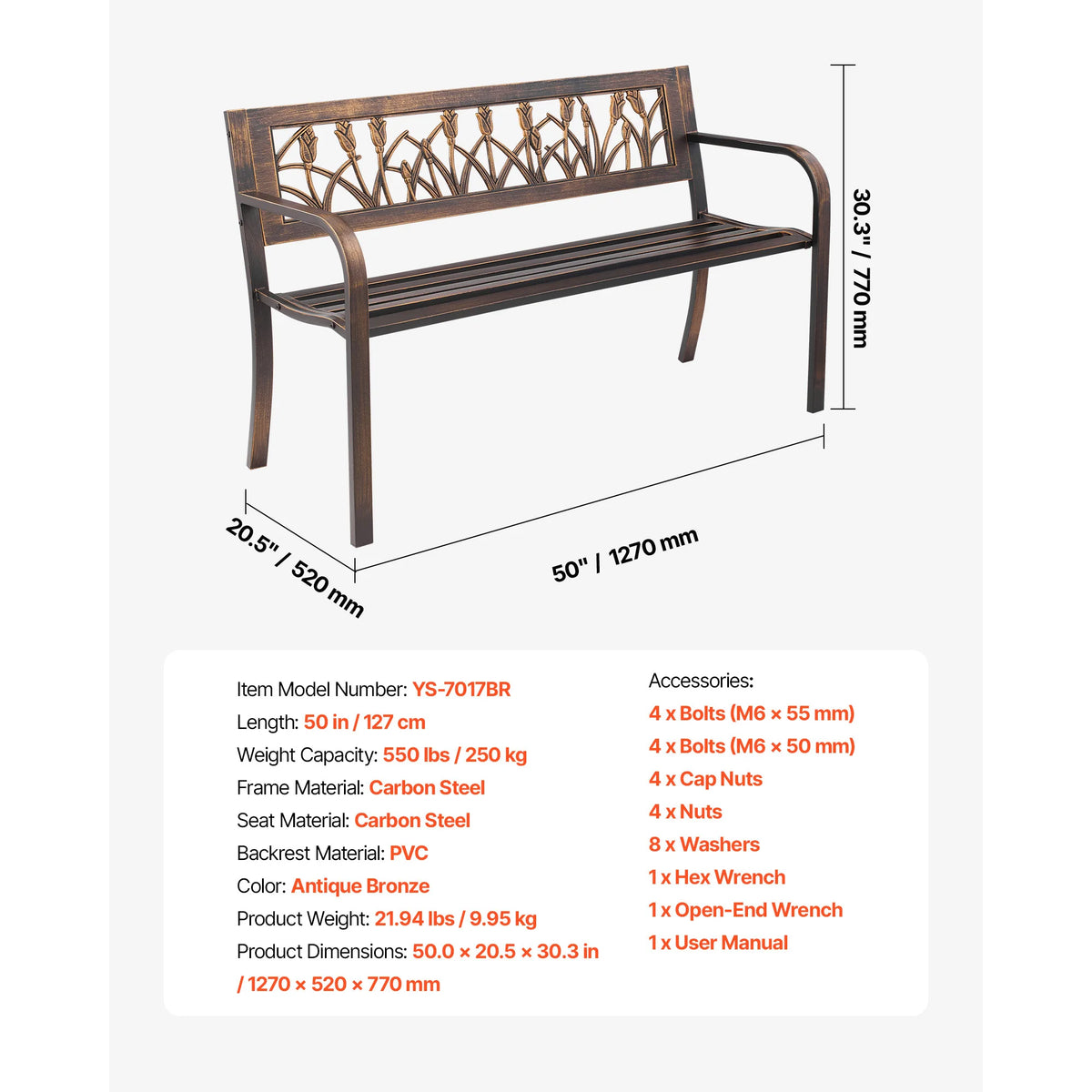 SucceBuy Outdoor Bench Carbon Steel Metal Frame with Backrest and Round Edge Armrests Weatherproof Outside Bench for Patio Park