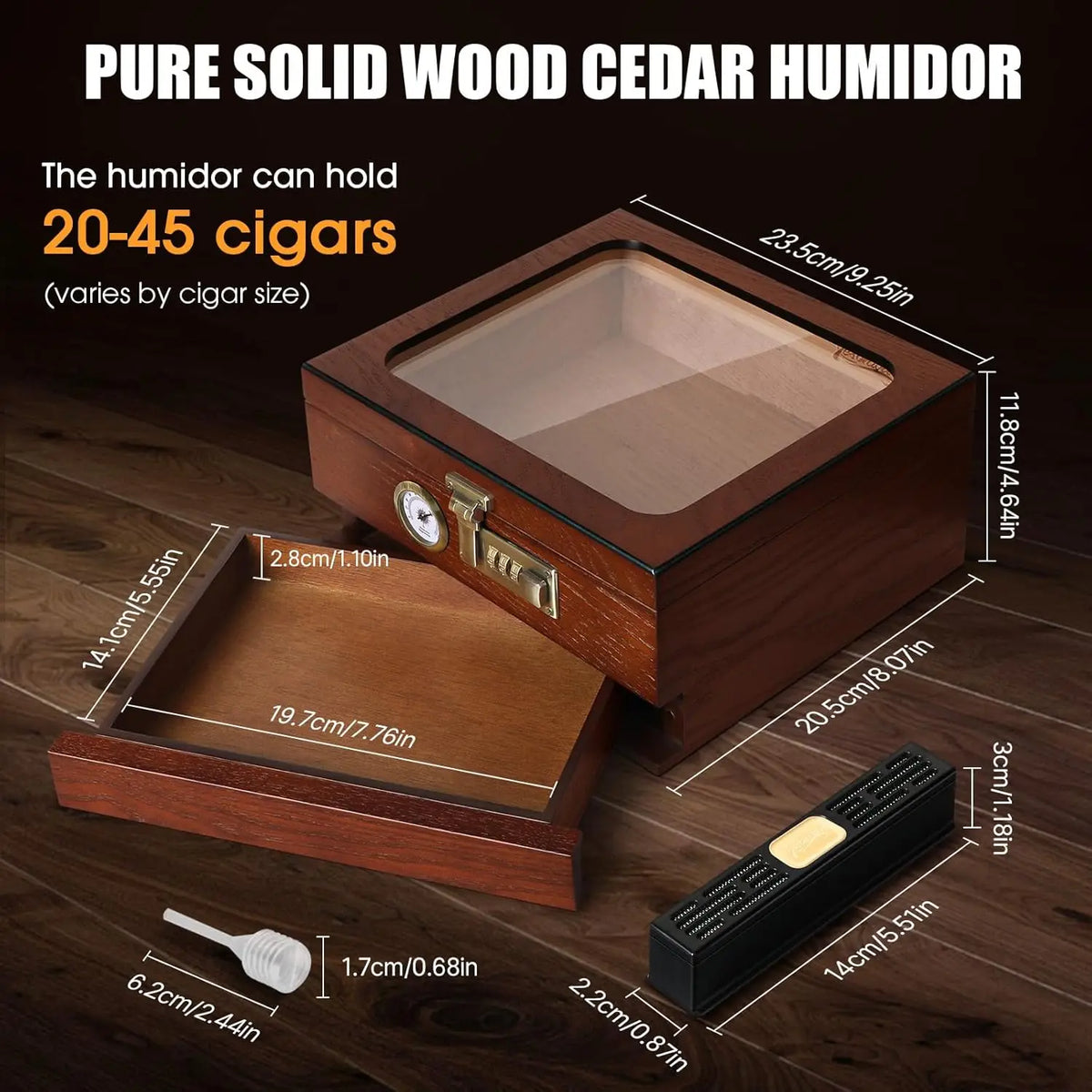Tesonway Cedar Wood Cigar Humidor Box With Glass Top