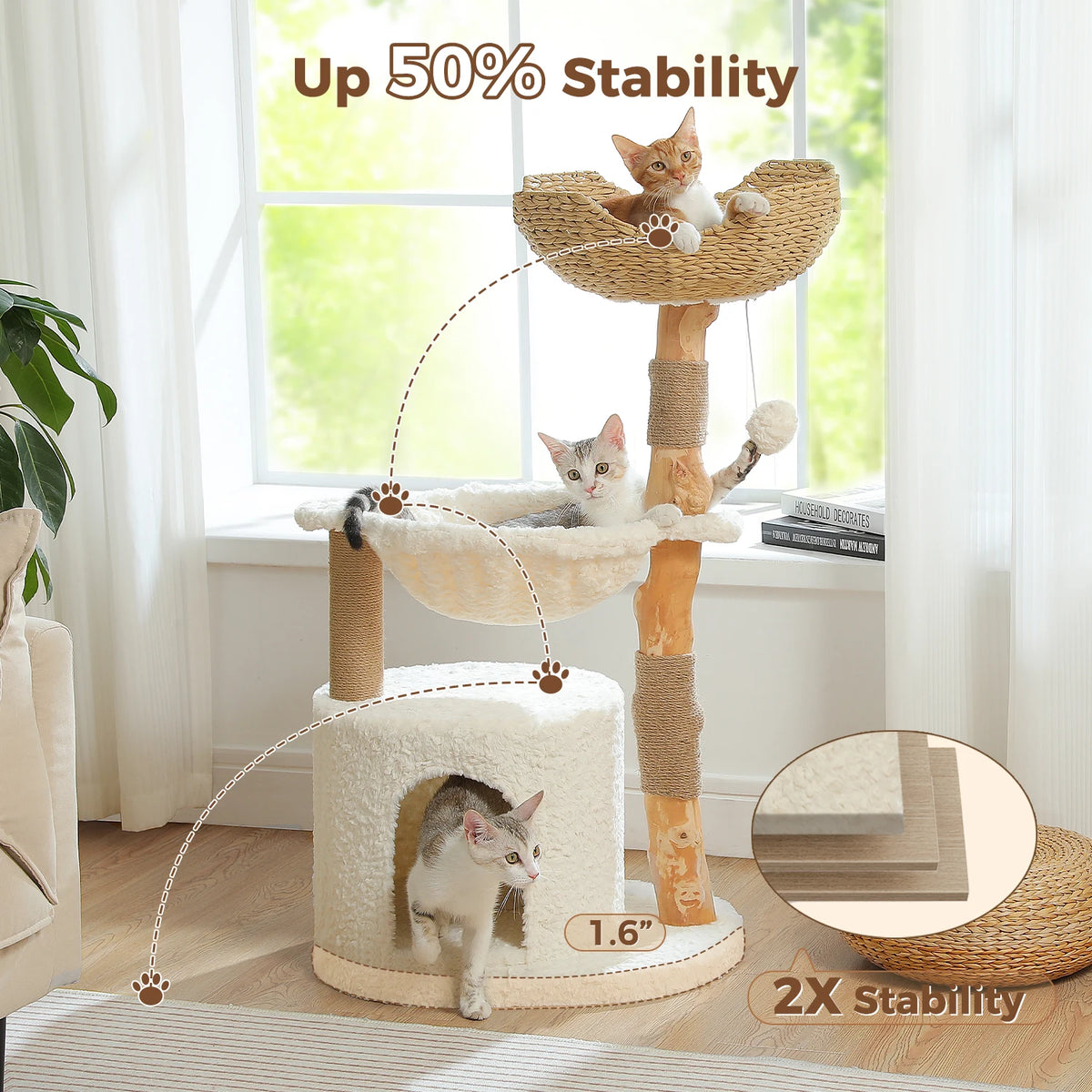 Modern Cat Tree with Large Wicker Basket Natural Solid Wood Scratching Posts Spacious Condo Hammock Luxury Cat Tower for Indoor Cat Toys