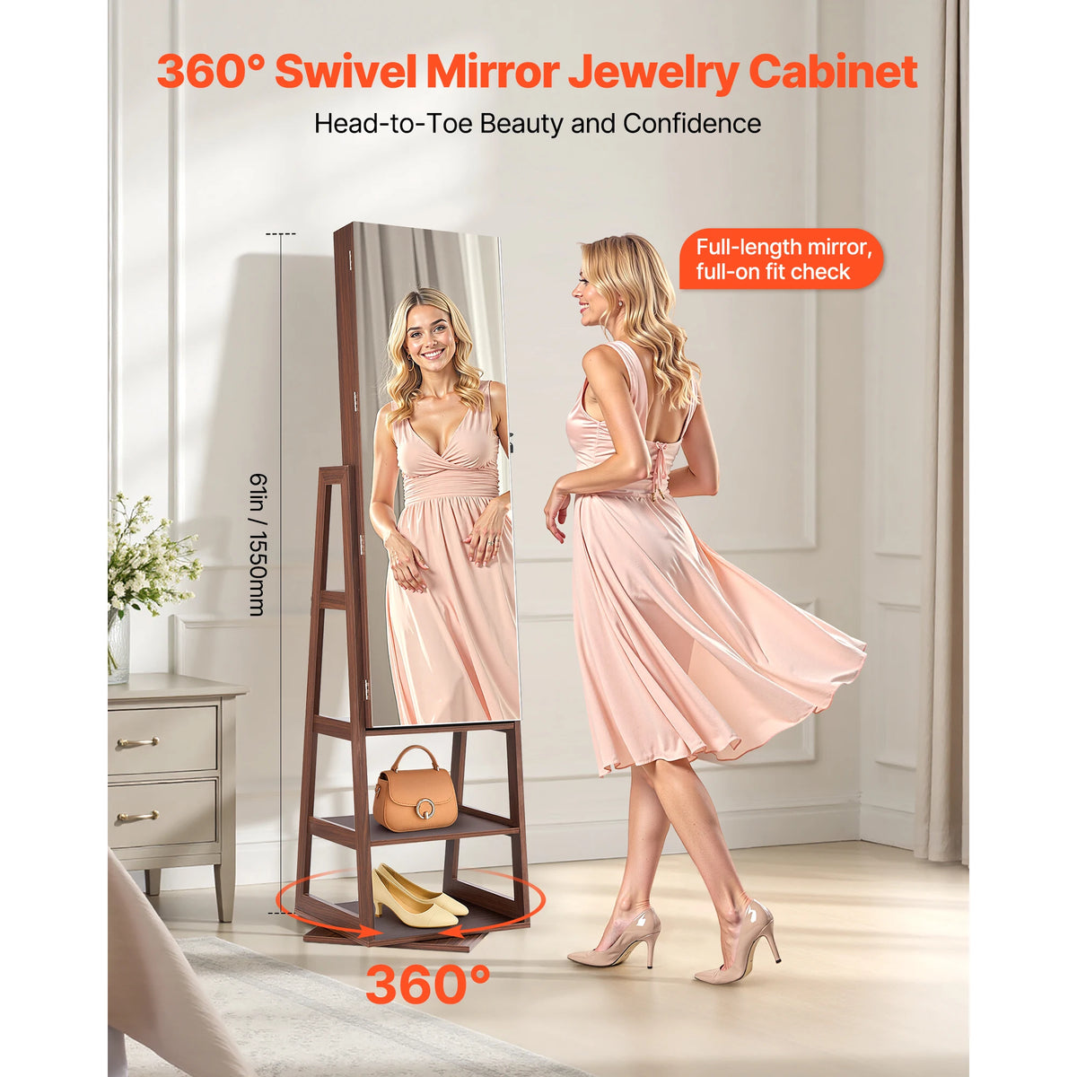 SucceBuy 360° Swivel Jewelry Cabinet 61/63" Tall Full-Length Mirror Lockable Rotatable Armoire Organizer Shelves Pouches 2 Keys