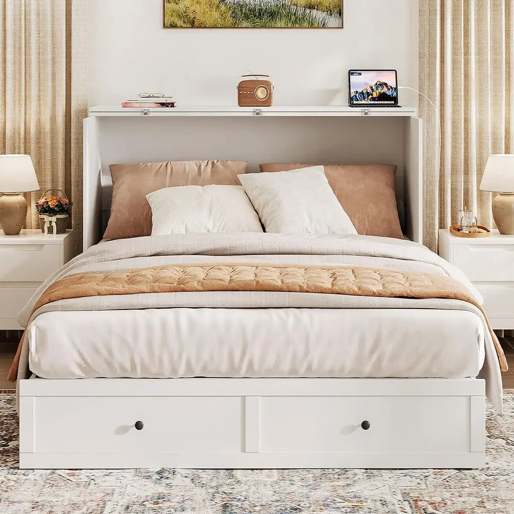 Full Size Murphy Bed with Charging Station amp Drawer, Full Size Mobile Cabinet Bed Frame, Murphy Chest Bed for Bedroom, Guest