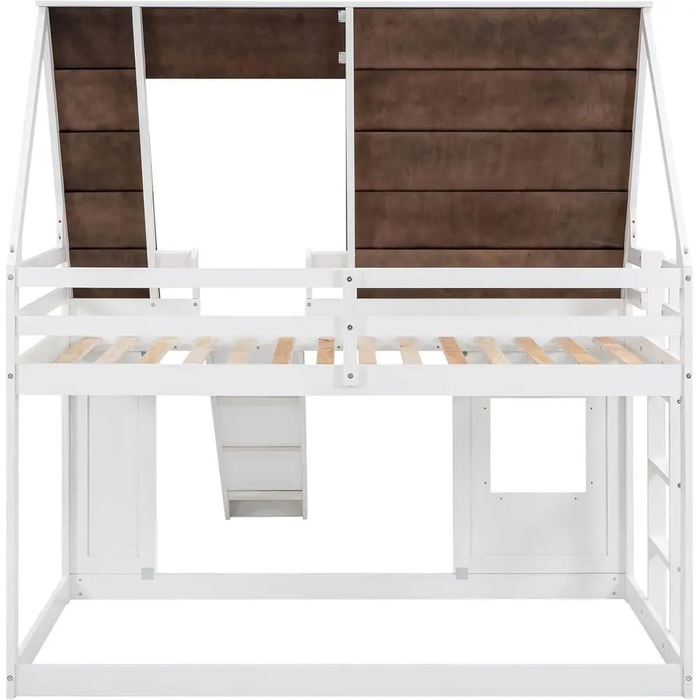 Over Twin Bunk Bed with Room, Window, Ladder, Slide - Suitable for Boys and Girls, White & Brown