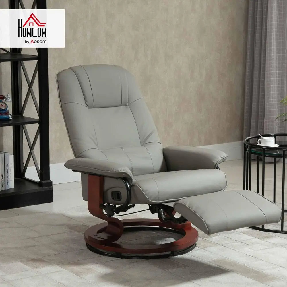 Swivel Recliner Chair, PU Leather Reclining Armchair with Retractable Footrest, Lounge Chair with Wood Base and Adjustable High