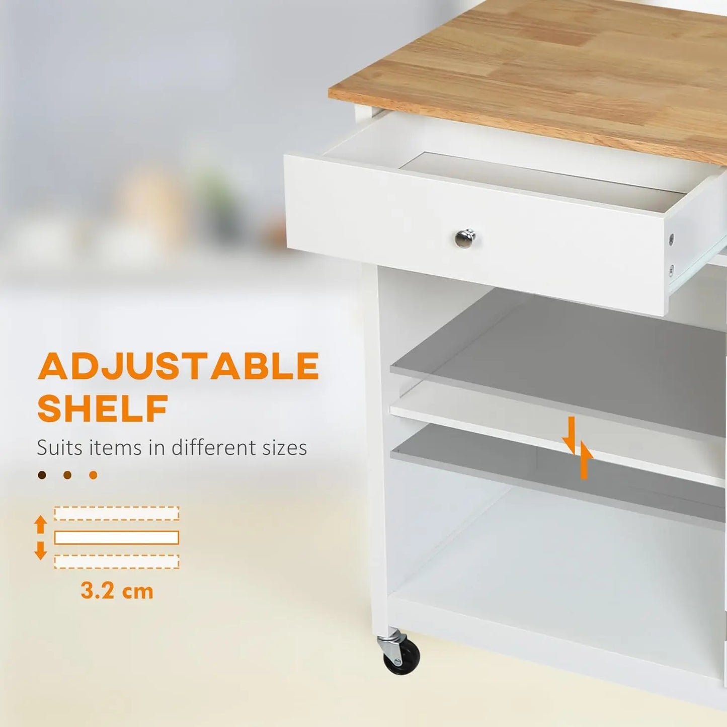 27" Rolling Kitchen Island Cart with Drawer & Glass Door Cabinet, Adjustable Shelf & Towel Rack, White, Customized