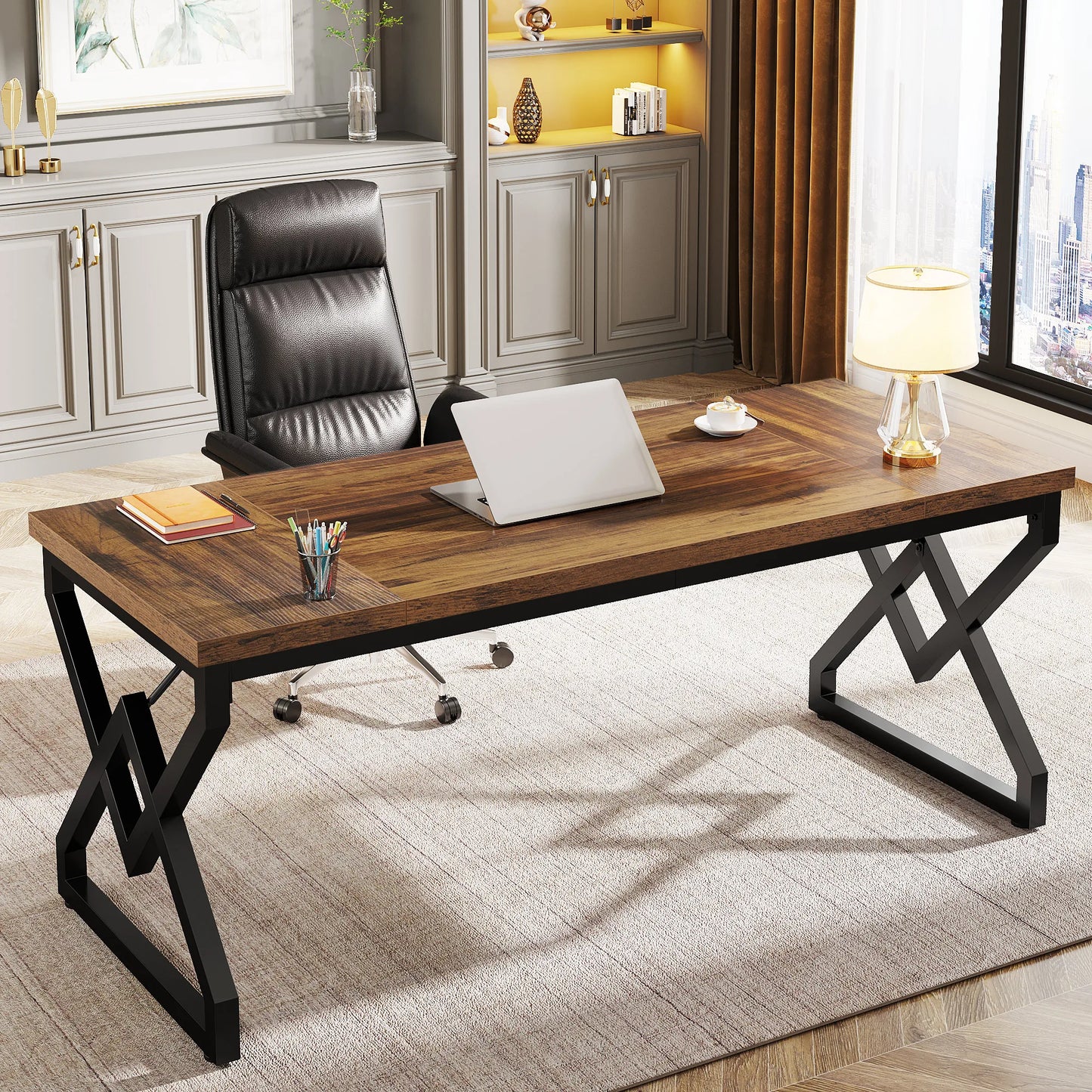 Tribesigns 63" Large Industrial Executive Desk with Extra Thickened Tabletop & Metal Frame, Heavy-Duty Home Office Desk