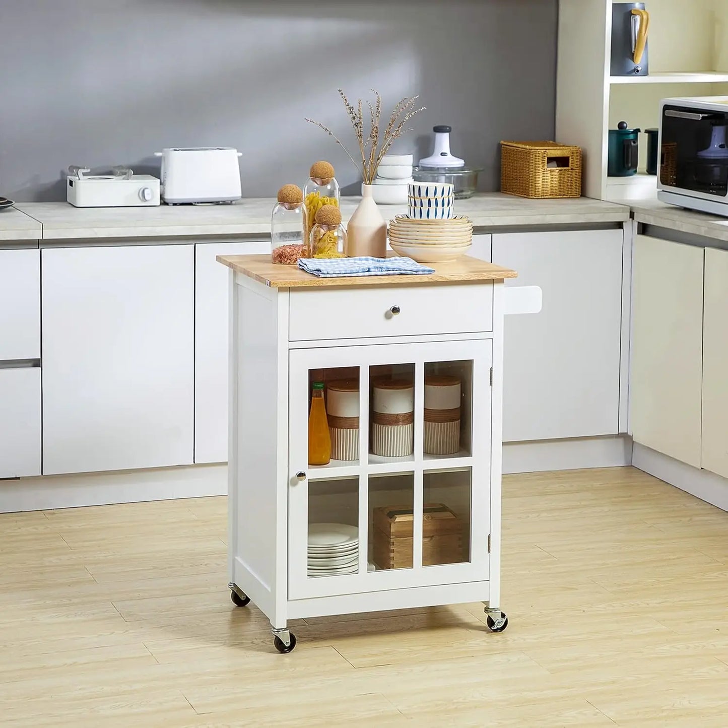 27" Rolling Kitchen Island Cart with Drawer & Glass Door Cabinet, Adjustable Shelf & Towel Rack, White, Customized