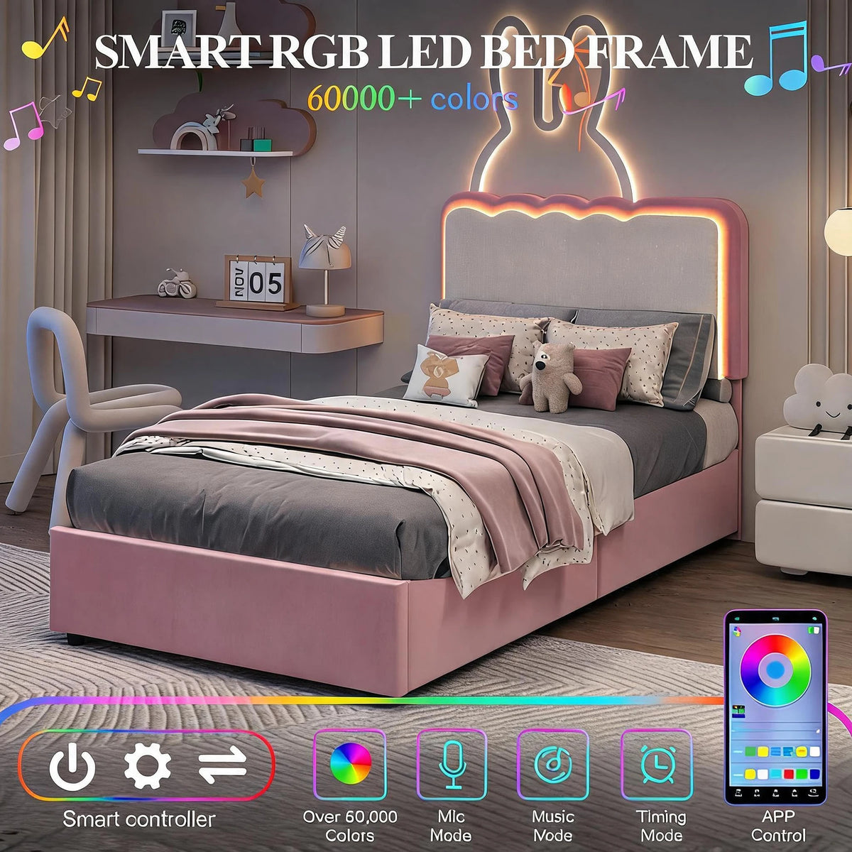 HiMiss Upholstered LED Bed Frame With Storage Drawers
