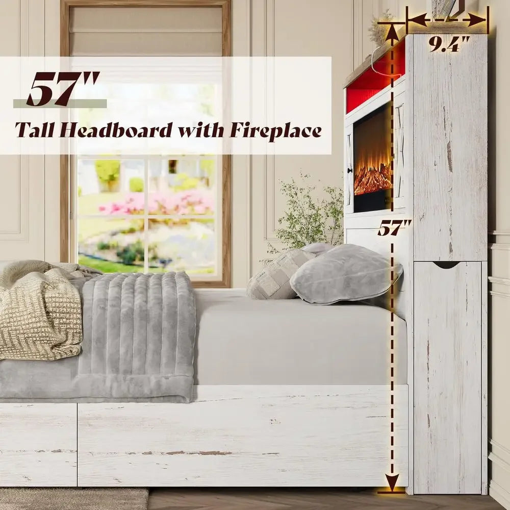Fireplace Bed Frame King Size, 57 Platform Bed with Headboard, Barn Door Cabinets, 4 Storage Drawers amp 2 Bedside Racks, RGB L