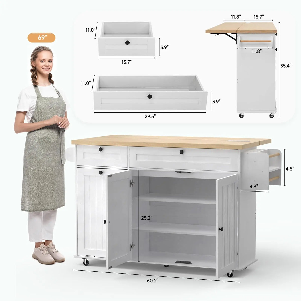 ONBRILL Rolling Kitchen Island Cart With Power Outlet And Storage