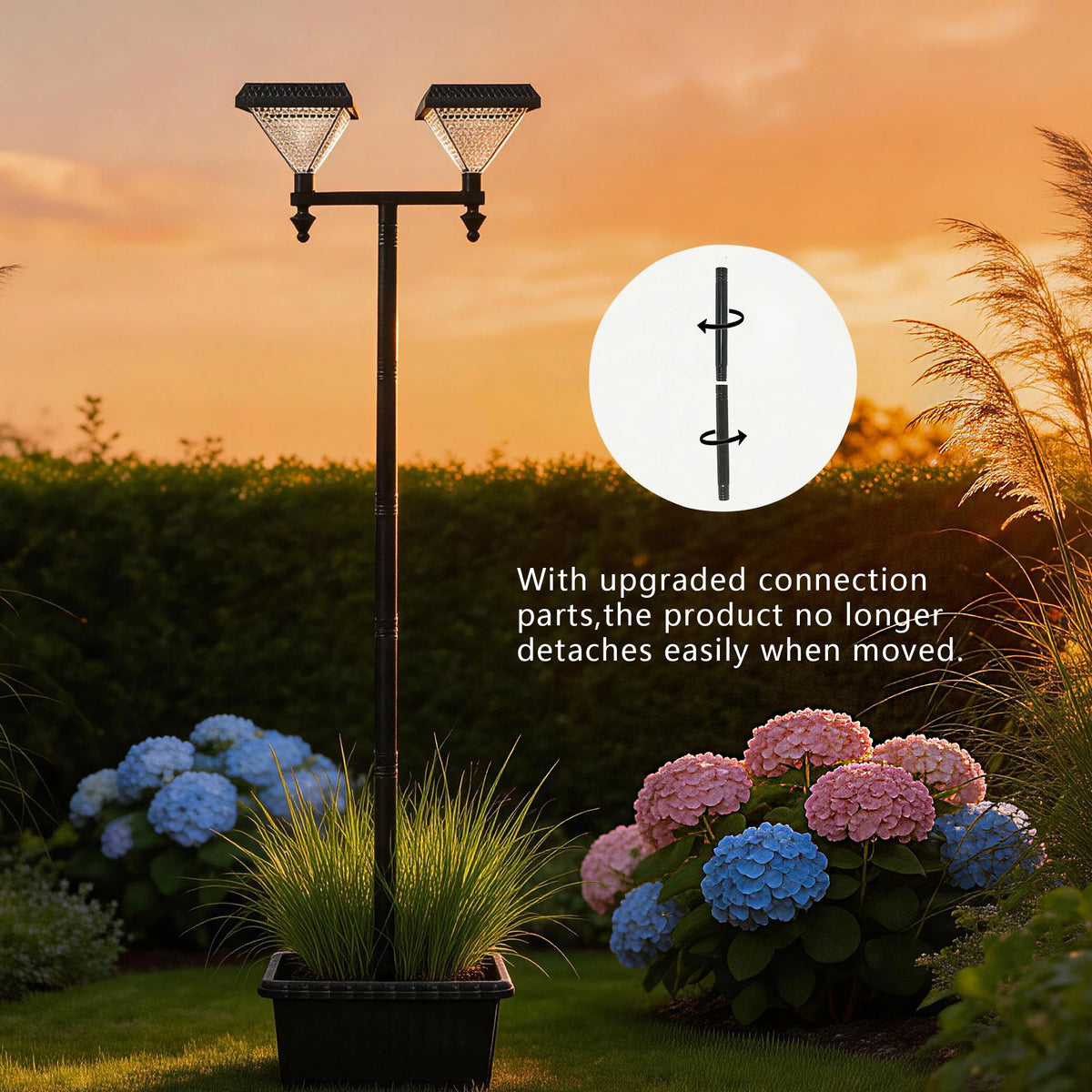 Solar Street Lights Outdoor Double Head Solar Lamp Post with Planter Base 6 Adjustable Heights IP44 Waterproof LED Landscape Lighting Dusk to Dawn Auto On Off with Ground Stakes for Garden Yard Patio Pathway