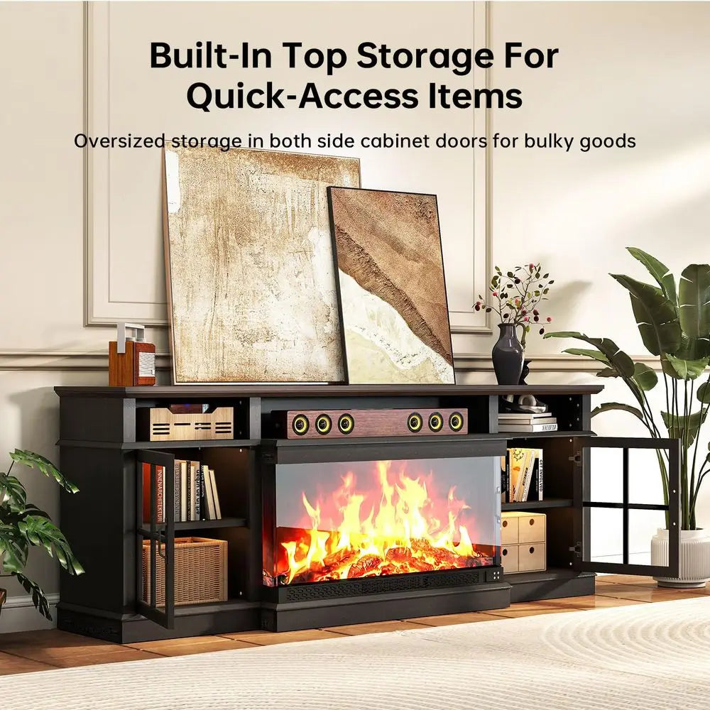 Fireplace TV Stand, 3 Sided Glass Modern Entertainment Center for TVs Up to 80, TV Console with Storage Cabinets, Media Console