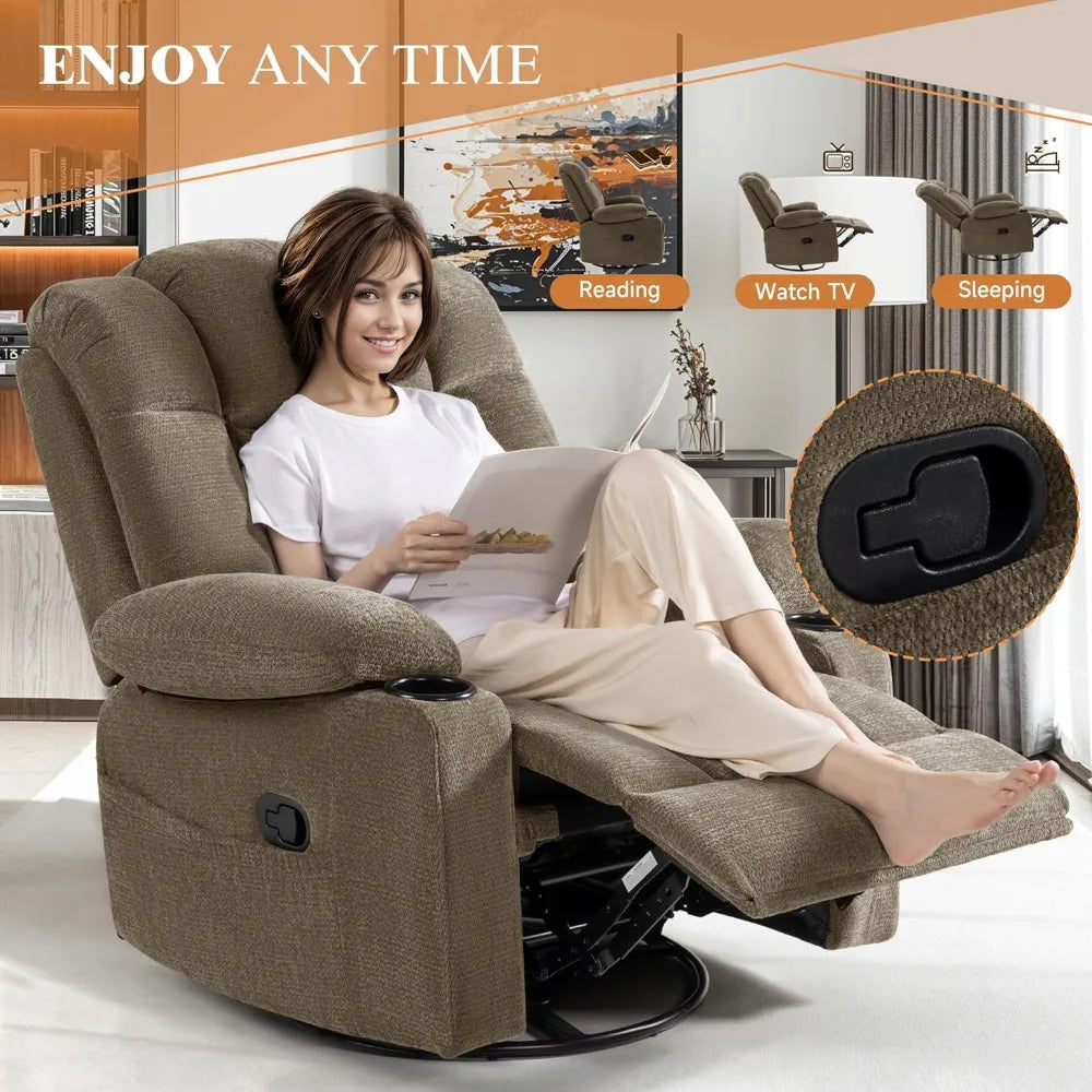 Swivel Rocker Recliner Chair for Adults – Manual Glider Sofa with Massage, Heat & Vibration, 360° Rocking , Customized