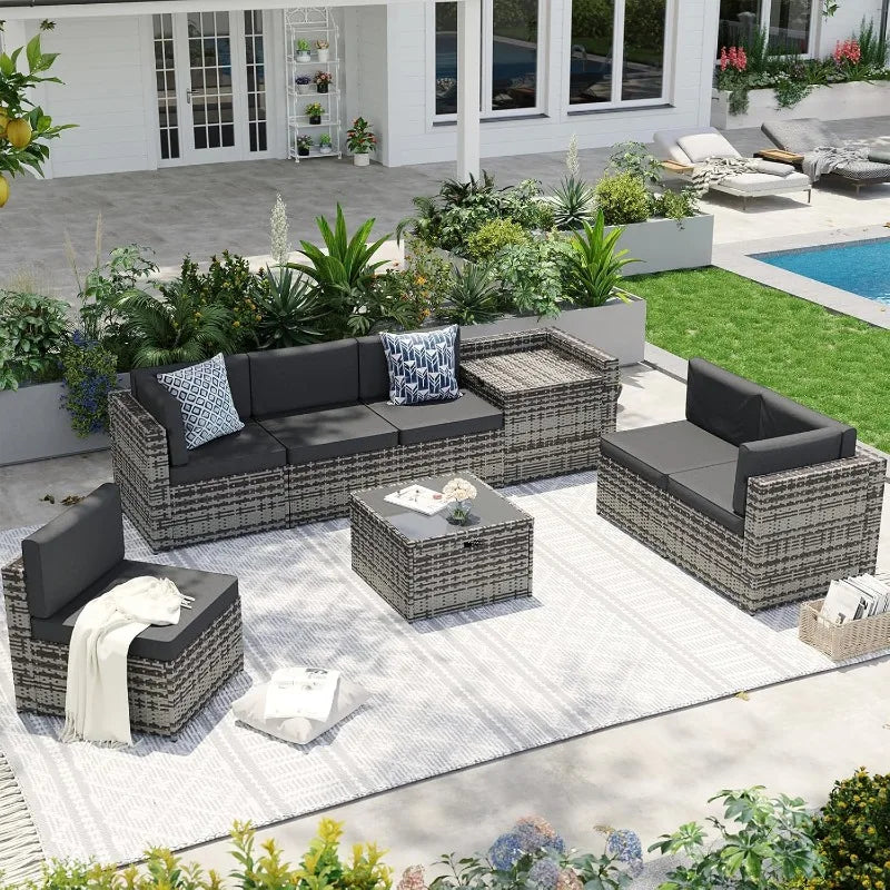 Patio 8 Piece Wicker Furniture Set With Hidden Storage Table