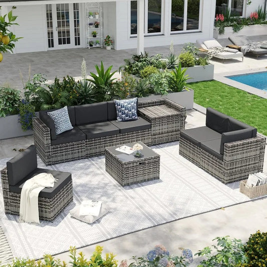 Patio 8 Piece Wicker Furniture Set With Hidden Storage Table