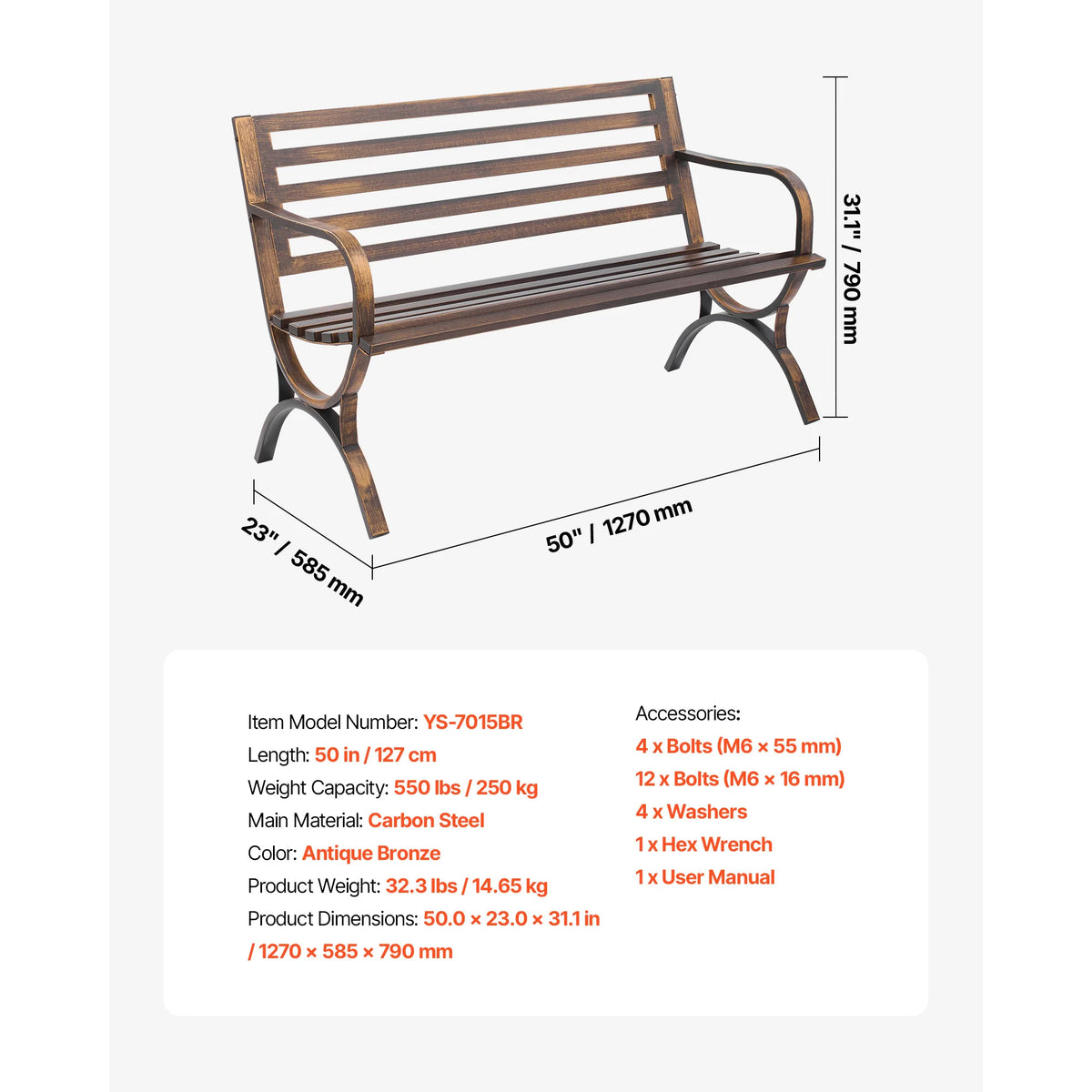 SucceBuy Outdoor Bench Carbon Steel Metal Frame with Backrest and Round Edge Armrests Weatherproof Outside Bench for Patio Park