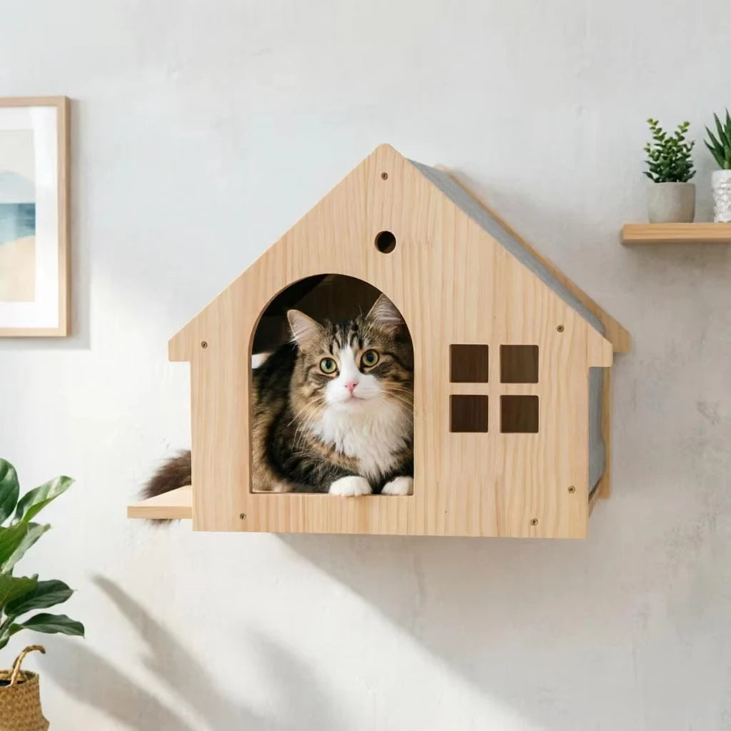 1pc Wall Mounted Cat Condo Villa Wooden Cats Climbing Floating Shelf Kitten House Wall Furniture for Sleeping and Resting