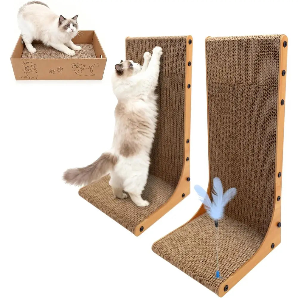 3-in-1 Cat Scratcher for Indoor Cats, 2PK 22in L-Shaped Scratching Board with 1PK Cardboard Box Scratch Pad, Cat Scratch Furnitu