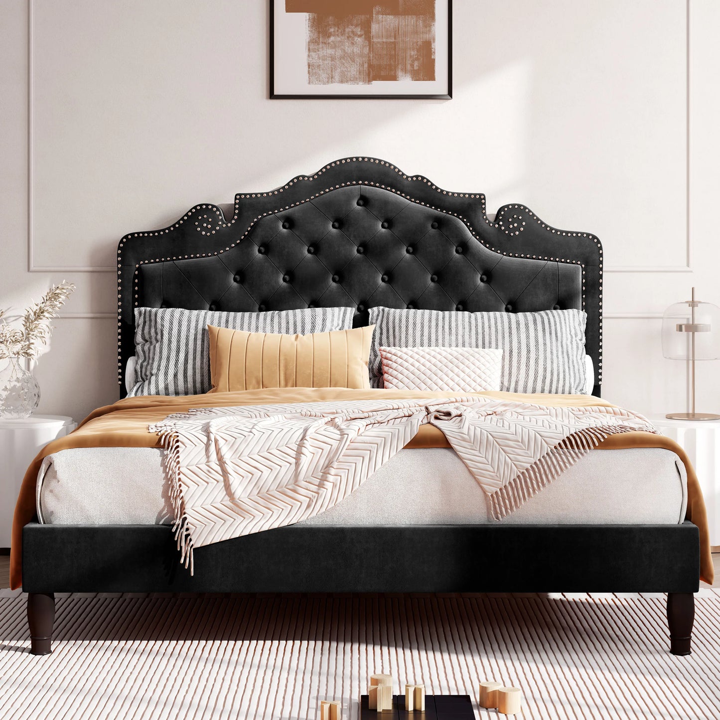 HOOMIC Upholstered Platform Bed With Velvet Diamond Tufted Headboard