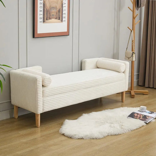 Storage Soft Bench Armrests, Backrest amp 2 Bolster Pillows for Living Room Entryway Bedroom 65.35, Ivory