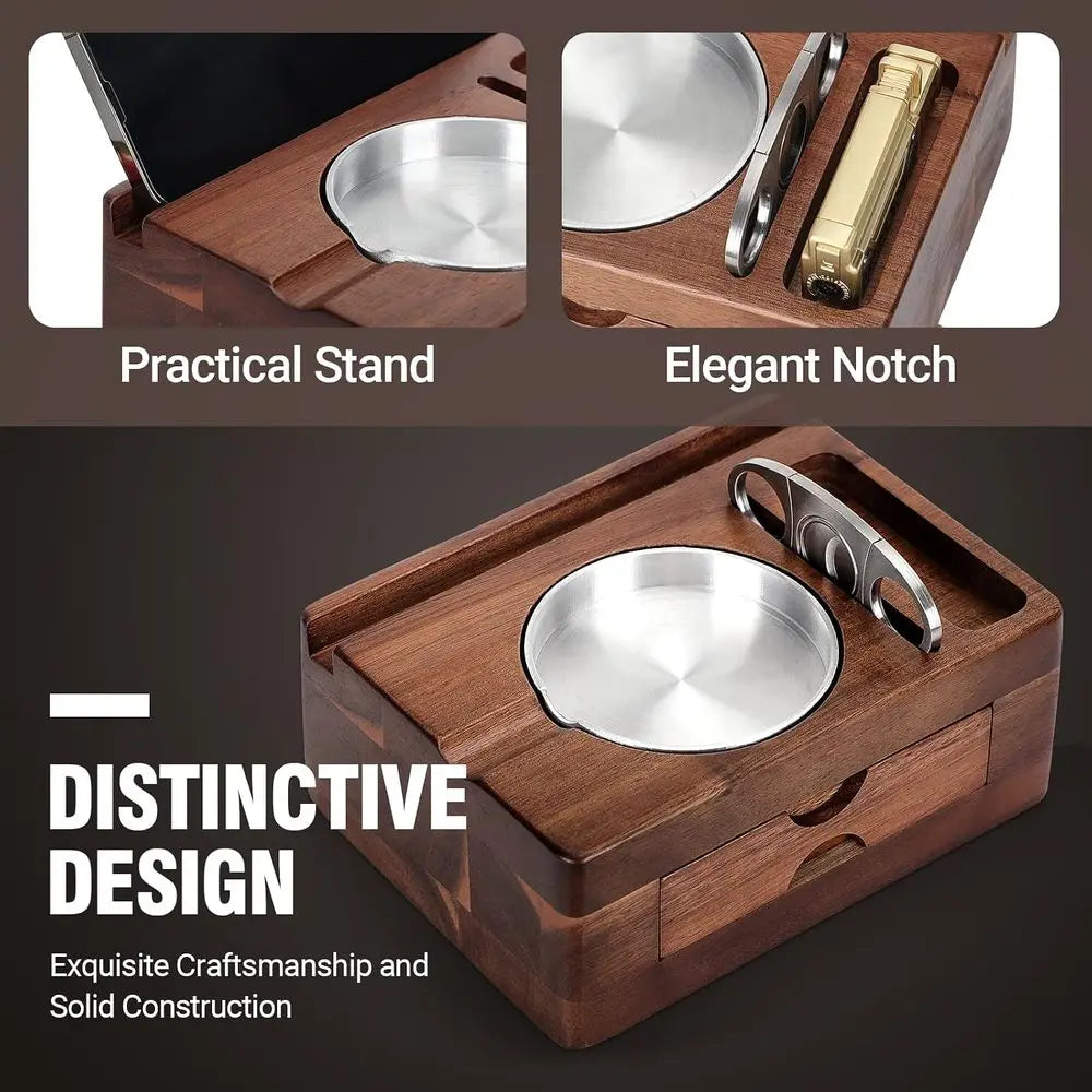 Cigar Ashtray, Wooden Ashtrays with Cigar Cutter, Tablet Holder, Cigar Holder, Accessories Der and Lighter Slot, Home Bar Outdoo