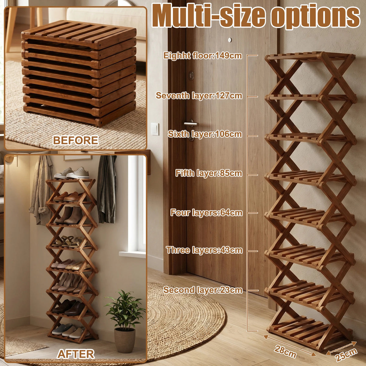 Universal Bamboo Shoes Rack Organizer Storage PC For Home Entryway Closet Bedroom Living Room Space Saving Multi Layer Durable Lightweight Easy Assembly Portable Shoe Shelf Holder Stand With PC Connectors Accessories Kit Prem