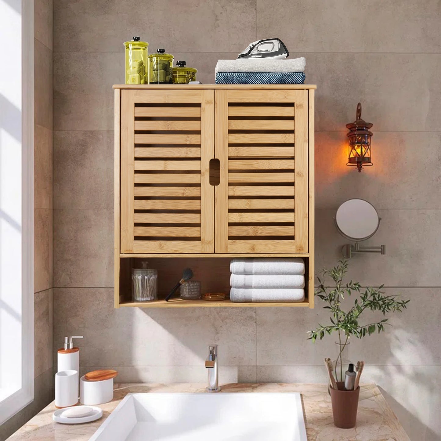 Wisfor Wall Mounted Bamboo Bathroom Cabinet Medicine Storage Shelf