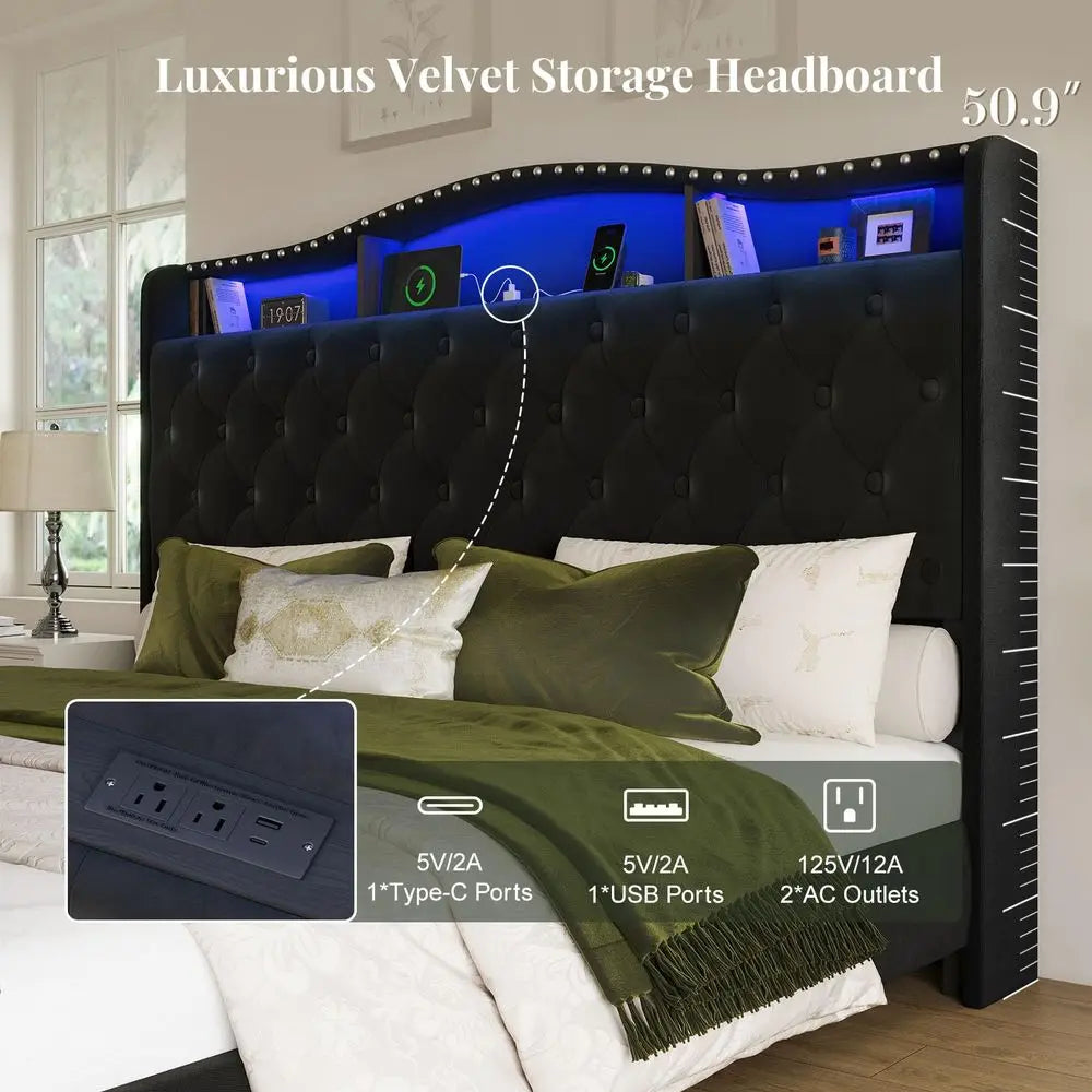 King Size Bed Frame and Headboard, 50.9 Velvet Upholstered Wingback Bedframe with LED Lights amp Storage Charging Station, Butt