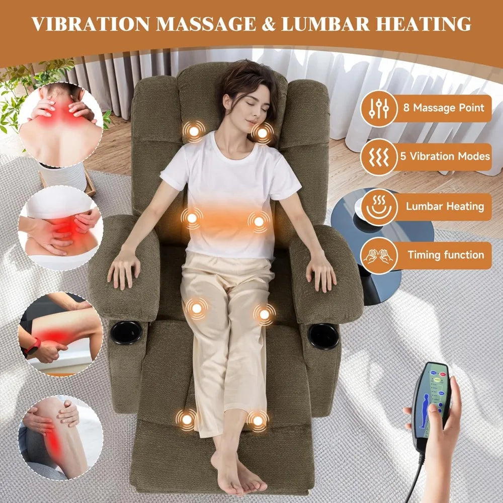 Swivel Rocker Recliner Chair for Adults – Manual Glider Sofa with Massage, Heat & Vibration, 360° Rocking , Customized