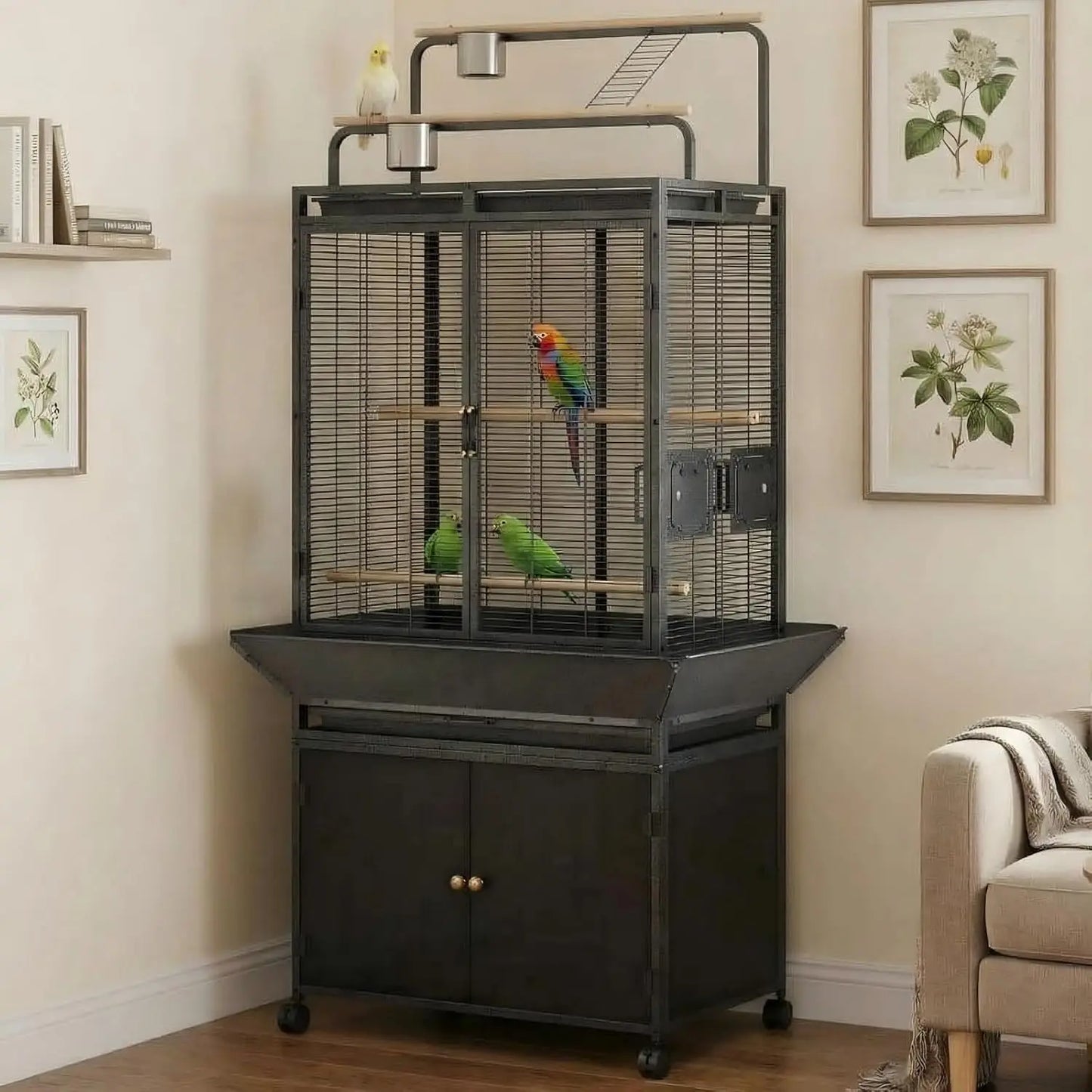 HiMISS Large Rolling Bird Cage With Play Top Cabinet